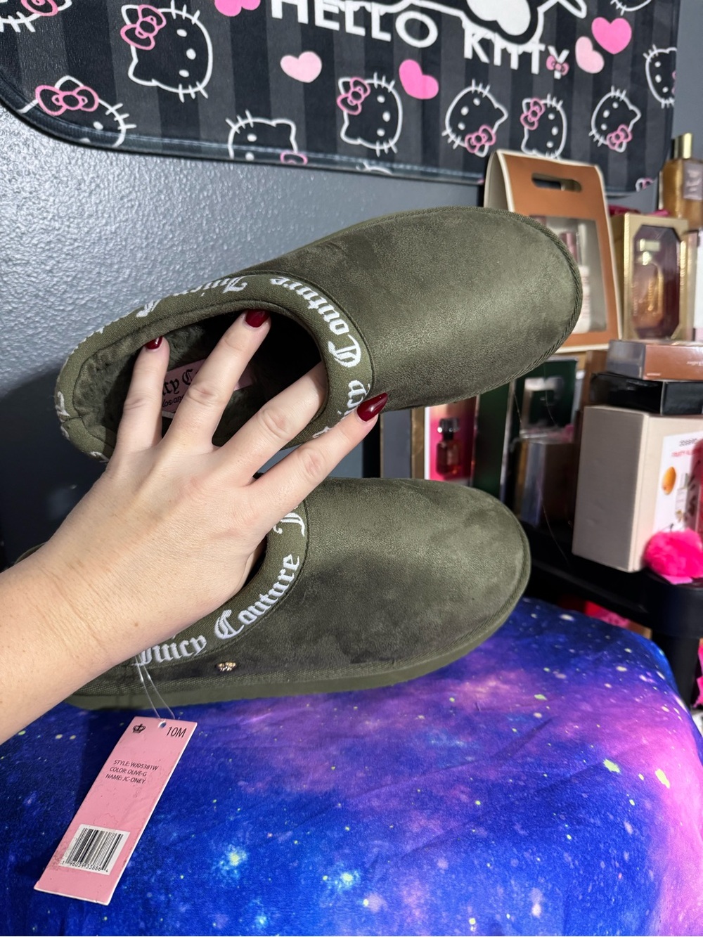 Juicy Couture Olive Green Plush Slip-On Slippers